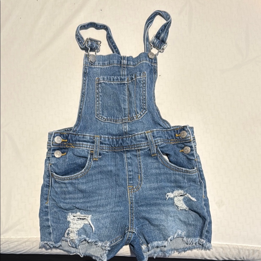 Light Blue Denim Short Overalls with Distressed Details